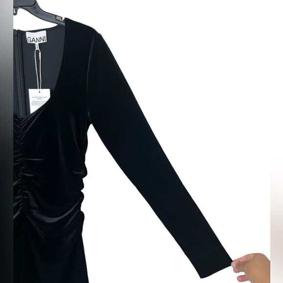 GANNI Black Long Sleeve U-Neckline Velvet Jersey Ruched Mini Dress Size US 6 - Picture 8 of 14